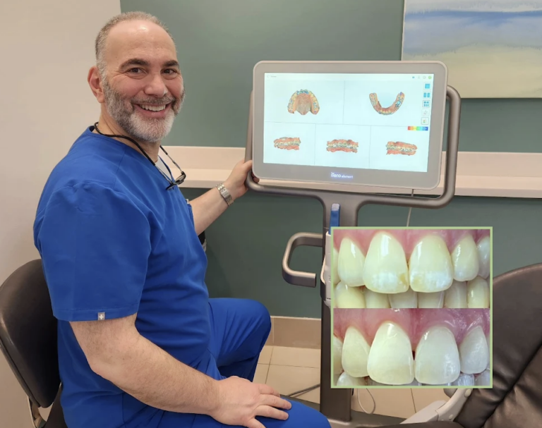 Dr. Jonathan Petrover beside a digital scanner showing a 3D scan of teeth